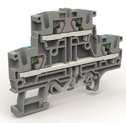 Двухуровневая клемма 4 кв.мм с заземлением в нижнем ярусе Двухуровневая клемма 4 кв.мм с заземлением в нижнем ярусе