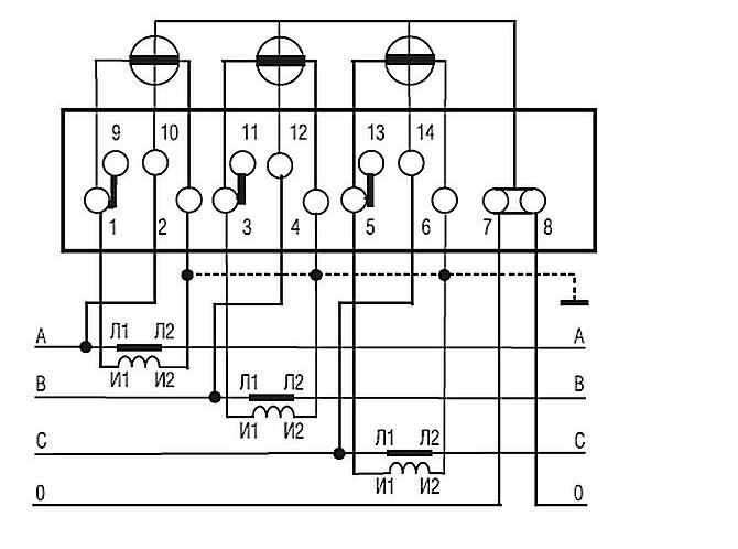Схема подключения счетчиков МЕРКУРИЙ 231 AM, 231 AT с помощью трех трансформаторов тока