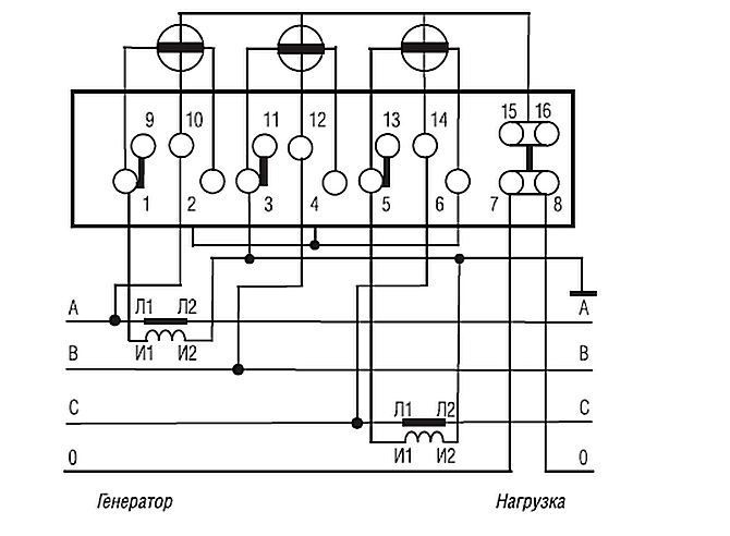 Схема подключения счетчиков МЕРКУРИЙ 231 AM, 231 AT с помощью двух трансформаторов тока