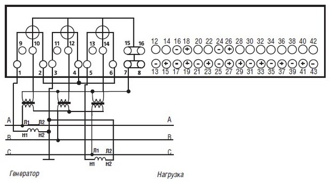 Схема подключения счетчика МЕРКУРИЙ 233 к трех фазной 3х проводной сети, с помощью трех трансформаторорв напряжения и двух трансформаторов тока.