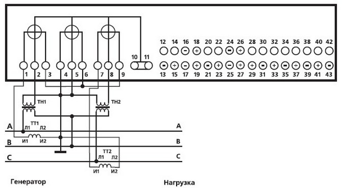 Схема подключения счетчика МЕРКУРИЙ 233 к трех фазной 3х проводной сети, с помощью двух трансформаторорв напряжения и двух трансформаторов тока.