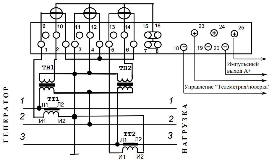Схема подключения Меркурий 230 АМ к 3 фазной сети с помощью 2 трансформаторов напряжения и 2 трансформаторов тока