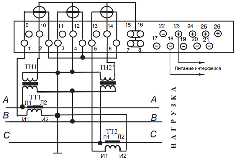 Подключения Меркурий 230 с помощью 2 трансформаторов напряжения и 2 трансформаторов тока