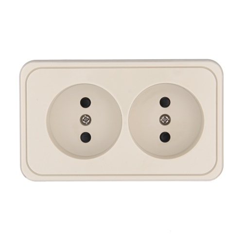 Розетка двойная открытой установки без заземляющих контактов с защитными шторками, (бежевый)