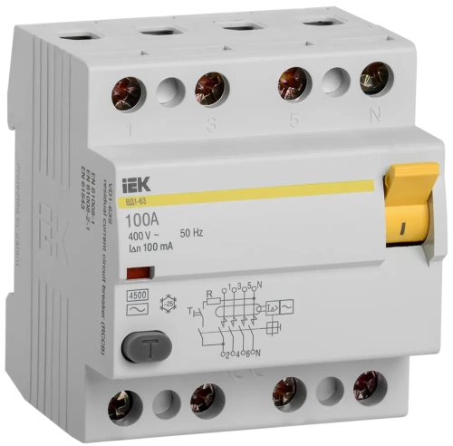 ВДТ (УЗО ) ВД1-63 4Р100А 100мА ИЭК ВДТ (УЗО ) ВД1-63 4Р100А 100мА ИЭК