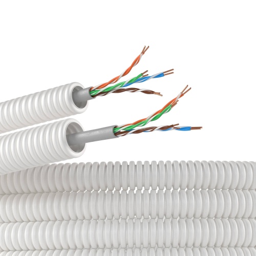 Элетротруба из ПЛЛ не содержит галогенов, гибкая гофрированна д. 16 мм, цвет белый, с кабелем витая пара 5EU/UTP нг(А)-HF, 50 м Элетротруба из ПЛЛ не содержит галогенов, гибкая гофрированна д. 16 мм, цвет белый, с кабелем витая пара 5EU/UTP нг(А)-HF, 50 м