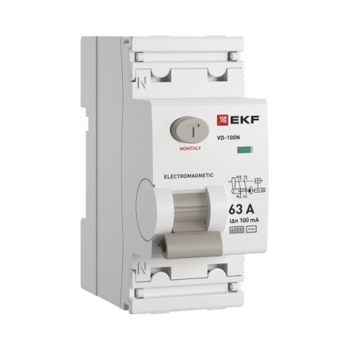 Выключатель дифференциального тока ВД-100N 2P 63А 100мА тип AC эл-мех 6кА PROXIMA EKF Выключатель дифференциального тока ВД-100N 2P 63А 100мА тип AC эл-мех 6кА PROXIMA EKF