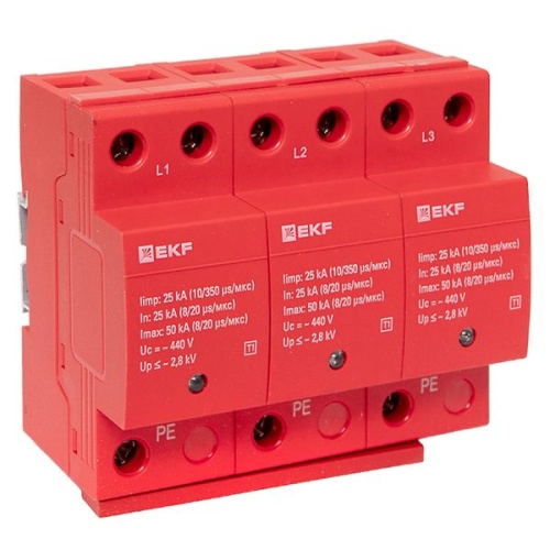Устройство защиты от импульсных перенапряжений Класс 1 Iimp 25kA (10/350μs) 3P EKF Устройство защиты от импульсных перенапряжений Класс 1 Iimp 25kA (10/350μs) 3P EKF