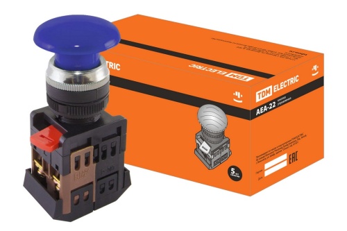 Кнопка AEА-22 "Грибок" синий d22мм 1з+1р TDM