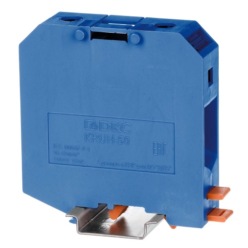 Клемма проходная, винтовой зажим, 2 точки подключения, 50 кв.мм, синяя Клемма проходная, винтовой зажим, 2 точки подключения, 50 кв.мм, синяя