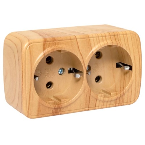 Розетка 2-местная ОП Минск 16А с заземлением светлое дерево EKF Розетка 2-местная ОП Минск 16А с заземлением светлое дерево EKF