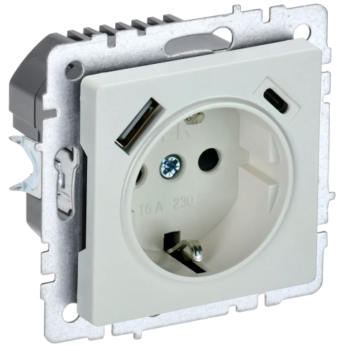 BRITE Роз. с з/к/ш 16А с USB A+C 18Вт РЮш11-1-БрЖ жемч. IEK