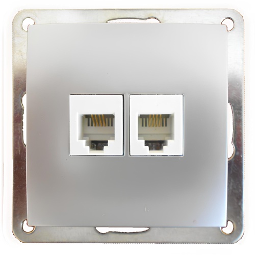 Розетка телефонная двойная 2хRJ-11 с накладкой (серебристый металлик) LK60
