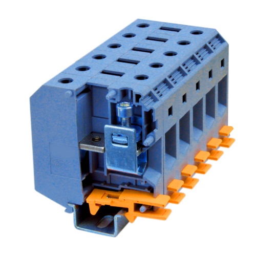 Клемма проходная, винтовой зажим, 2 точки подключения, 150 кв.мм, синяя