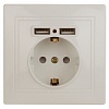 Розетка Intro Plano 1-410-02 с заземлением 2P+E Schuko со шторками, 16А-250В + 2хUSB 5В-2,1А, IP20, СУ, слоновая кость
