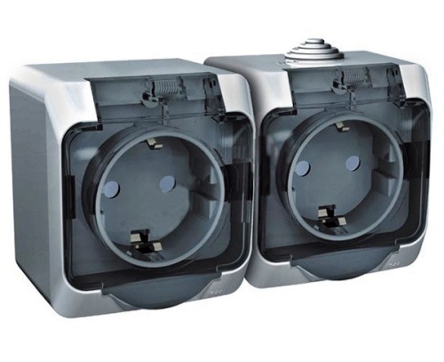 ЭТЮД IP44 O/У двойная РОЗЕТКА с заземлением со шторками 16А 250B, СЕРЫЙ, Россия ЭТЮД IP44 O/У двойная РОЗЕТКА с заземлением со шторками 16А 250B, СЕРЫЙ, Россия