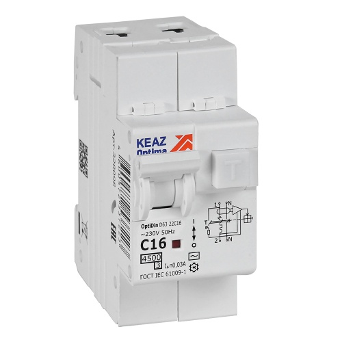 Выключатель автоматический  АВДТ с защитой от сверхтоков OptiDin D63-22C16-AC-У3 (2P, C16, 30mA, 4,5кА)