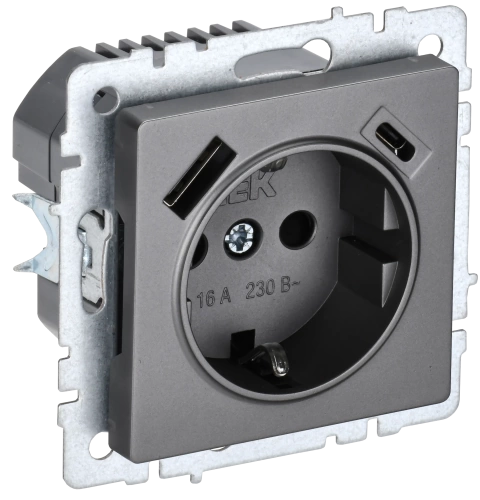 BRITE Роз. с з/к/ш 16А с USB A+C 18Вт РЮш11-1-БрС сталь IEK