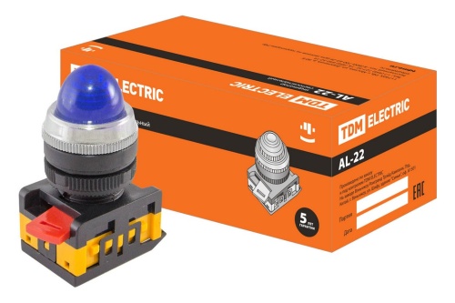 Лампа AL-22 сигнальная d22мм синий неон/230В цилиндр TDM Лампа AL-22 сигнальная d22мм синий неон/230В цилиндр TDM