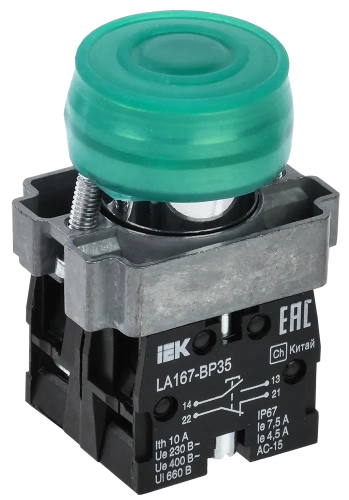 Кнопка LA167-BP35 d=22мм 1з+1р зеленая IEK Кнопка LA167-BP35 d=22мм 1з+1р зеленая IEK