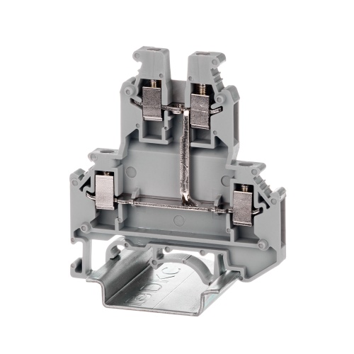 Клемма двухуровневая, винтовой зажим, 4 точки подключения, уровни соединены перемычкой, 2.5 кв.мм, серая Клемма двухуровневая, винтовой зажим, 4 точки подключения, уровни соединены перемычкой, 2.5 кв.мм, серая