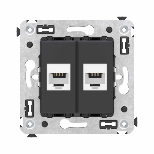 Телефонная розетка RJ-12 без шторки в стену двойная, "Avanti", "Черный матовый"