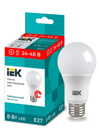 Лампа LED A60 груша 8Вт 24-48В 4000К E27 IEK