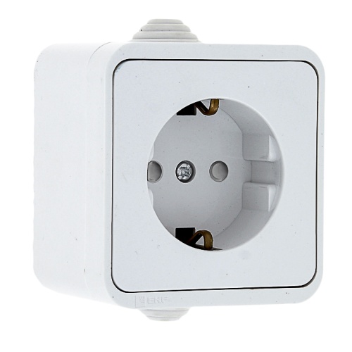 Прага Розетка 1-местная 16А с заземлением IP44 белая с защ. штор. EKF Прага Розетка 1-местная 16А с заземлением IP44 белая с защ. штор. EKF