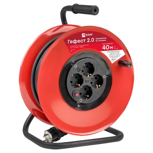 Удлинитель на катушке "Гефест 2.0" 4 гнезда 40м с заземлением и предохранителем КГ 3*2,5 16А/3,5кВт IP44 PROxima