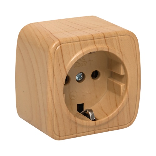 Розетка 1-местная ОП Минск 16А с заземлением светлое дерево EKF Розетка 1-местная ОП Минск 16А с заземлением светлое дерево EKF