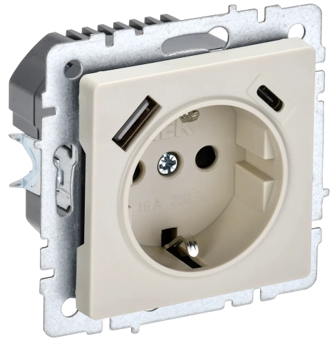 BRITE Роз. с з/к/ш 16А с USB A+C 18Вт РЮш11-1-БрКр беж. IEK