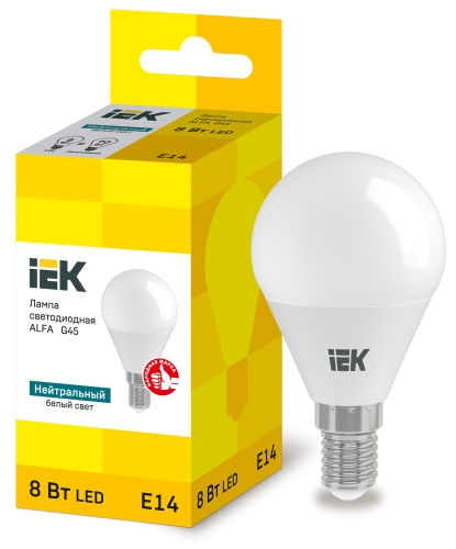 Лампа LED ALFA G45 шар 8Вт 230В 4000К E14 IEK