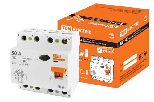 ВДТ (УЗО) ВД1-63 4Р 50А 30мА тип А TDM