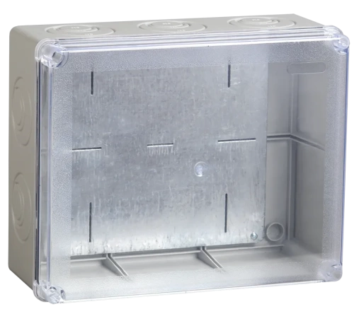 Коробка КМ41346 распаячная для о/п 240х195х90 мм IP55 (RAL7035, прозр. кр., монт. плата, кабельные вводы 5 шт)