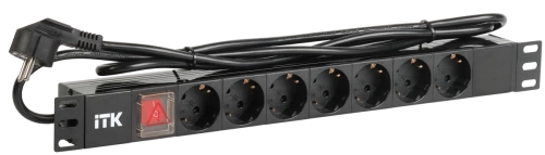 19" PDU 7 розеток DIN49440 (немец.стандарт) с LED выключателем, ПВХ, 1U, шнур 2м, вилка DIN49440 (нем.станд)