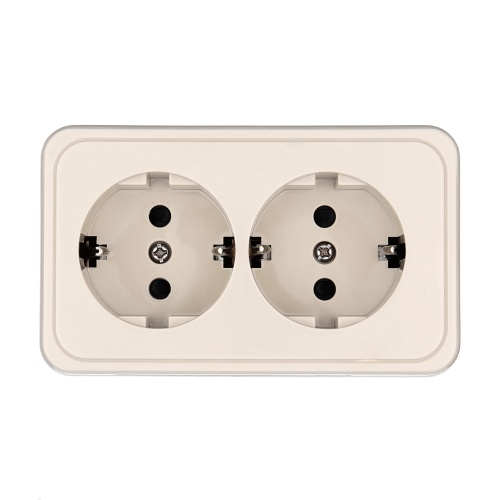 Розетка двойная открытой установки с заземляющими контактами и защитными шторками, (бежевый)
