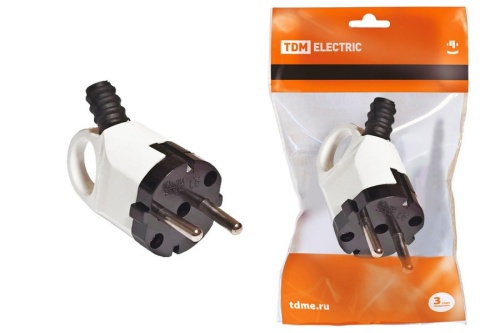 Вилка угловая с ушком с/з белая 16А 250В TDM Вилка угловая с ушком с/з белая 16А 250В TDM