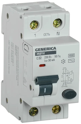 АВДТ 32 C32 4,5кА IEK тип AC GENERICA АВДТ 32 C32 4,5кА IEK тип AC GENERICA