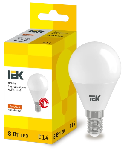 Лампа LED ALFA G45 шар 8Вт 230В 3000К E14 (6шт) IEK
