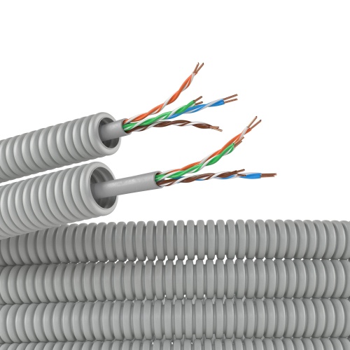 Электротруба ПВХ гибкая гофрированная д. 16 мм, цвет серый, с кабелем витая пара 5EU/UTP нг(А)-HF, 25 м