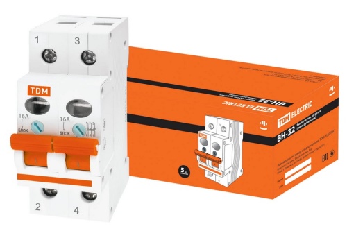 Выключатель нагрузки (мини-рубильник) ВН-32 2P 16A TDM Выключатель нагрузки (мини-рубильник) ВН-32 2P 16A TDM