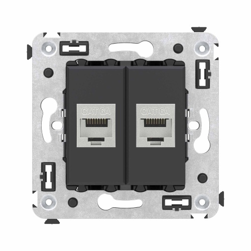 Компьютерная розетка RJ-45 без шторки в стену, кат.6А двойная экранированная, "Avanti", "Черный матовый"