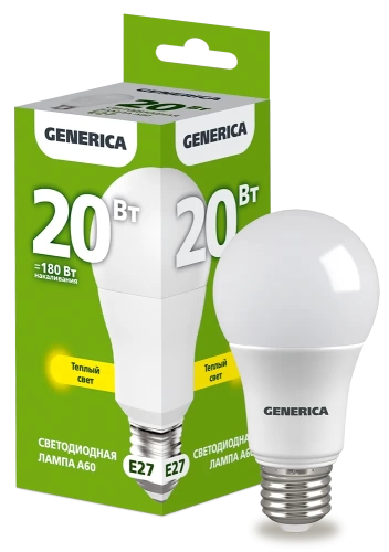 Лампа LED A60 груша 20Вт 230В 3000К E27 GENERICA