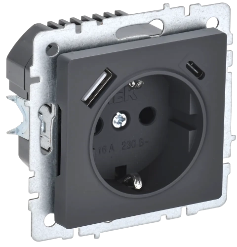 BRITE Роз. с з/к/ш 16А с USB A+C 18Вт РЮш11-1-БрГ граф. IEK