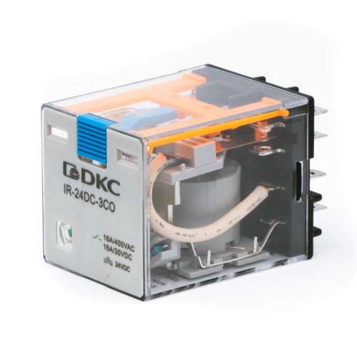 Реле миниатюрное силовое, 3CO, ком. ток 16А, AgSnO2, напряжение 220V DC, опция: тест-кнопка+светодиод+защитный диод