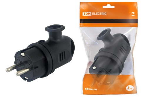 Вилка угловая с ушком каучук 2Р+РЕ 16А 250В IP44 TDM Вилка угловая с ушком каучук 2Р+РЕ 16А 250В IP44 TDM
