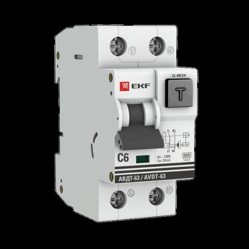 Дифференциальный автомат АВДТ-63 6А/30мА (характеристика C, эл-мех, тип АС) 6кА EKF PROxima Дифференциальный автомат АВДТ-63 6А/30мА (характеристика C, эл-мех, тип АС) 6кА EKF PROxima