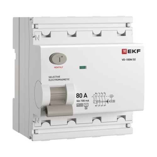 Выключатель дифференциального тока ВД-100N (S) 4P 80А 100мА тип AC эл-мех 6кА PROXIMA EKF Выключатель дифференциального тока ВД-100N (S) 4P 80А 100мА тип AC эл-мех 6кА PROXIMA EKF