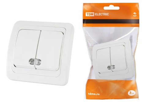 Выключатель 2-кл. с подсветкой 10А белый "Валдай" TDM Выключатель 2-кл. с подсветкой 10А белый "Валдай" TDM