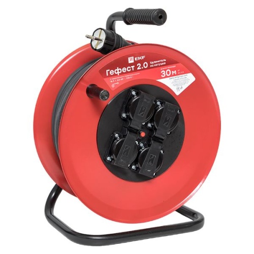 Удлинитель на катушке "Гефест 2.0" 4 гнезда 30м с заземлением и предохранителем КГ 3*2,5 16А/3,5кВт IP44 PROxima Удлинитель на катушке "Гефест 2.0" 4 гнезда 30м с заземлением и предохранителем КГ 3*2,5 16А/3,5кВт IP44 PROxima